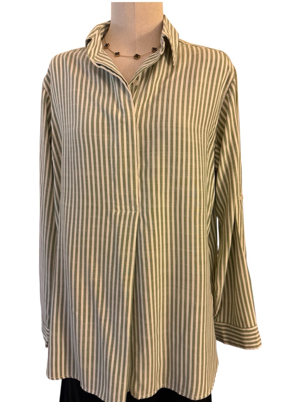 MAX STUDIO Stripe Oversize Long Sleeve Button-Up Tunic in green/ivory Sz M - Picture 13 of 15